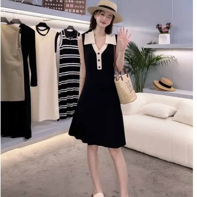高级款POLO领无袖针织连衣裙女2025夏季新款小黑裙