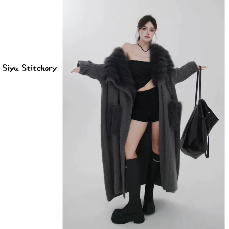 【思语】“灯塔” CC25703 极简大牌狐狸毛针织长款外套