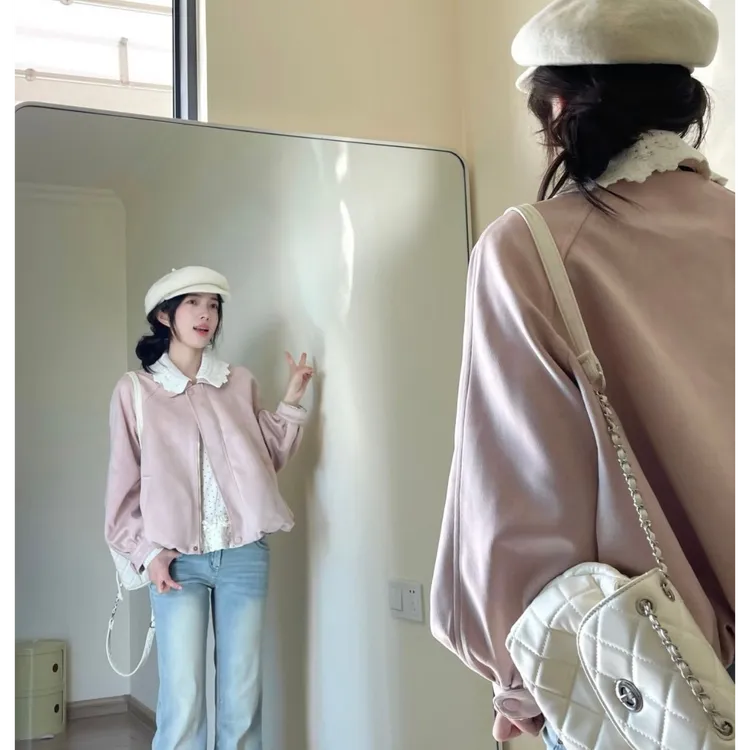 秋季韩系甜美花边领麂皮花苞外套女2025新款设计感百搭夹克上衣潮