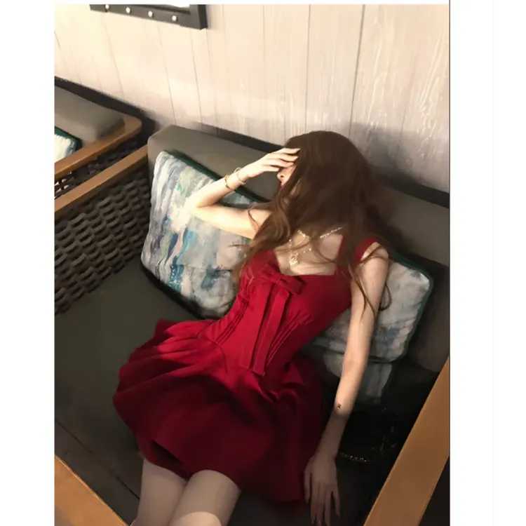 夏季新款玫瑰人生四米裙摆公主裙蝴蝶结千金感无袖收腰短款连衣裙