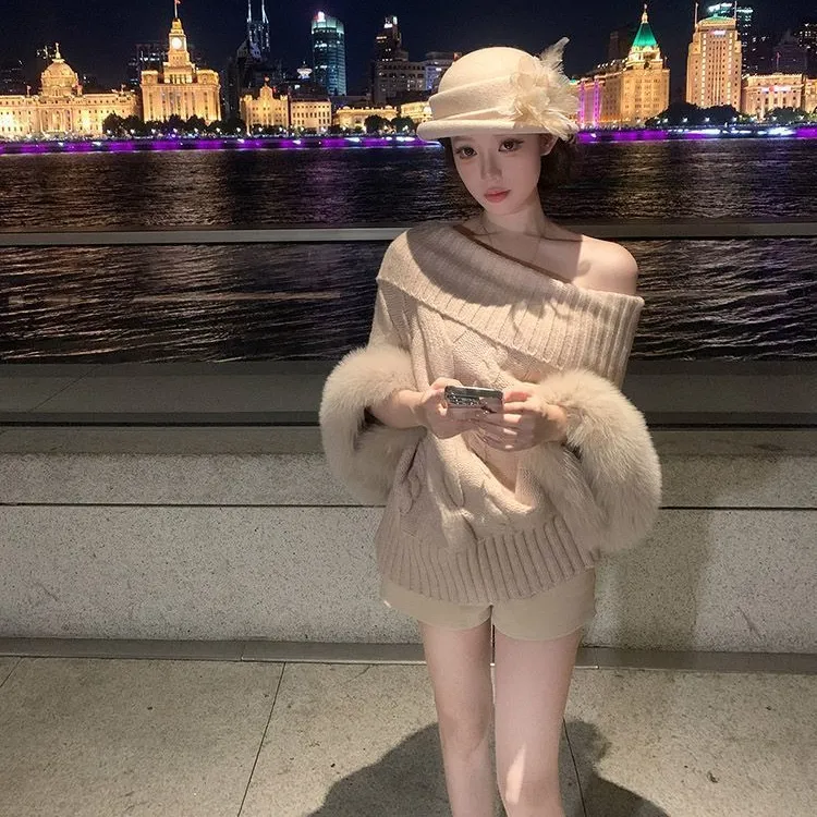 北岛恋人时尚慵懒风显瘦高领一字肩2025秋冬新款针织长袖套头毛衣