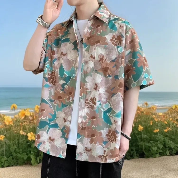 短袖夏季新款防晒200-300斤花衬衫沙滩衬衣宽松加肥加大码胖子男