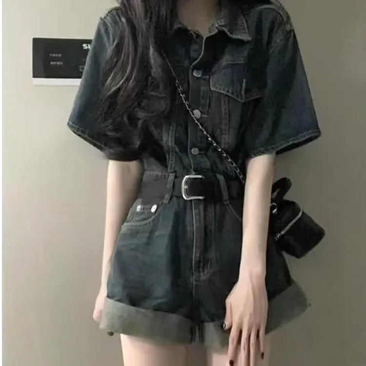 甜酷牛仔连体裤港风卷边短裤女夏季复古收腰显瘦阔腿裤连衣裤套装