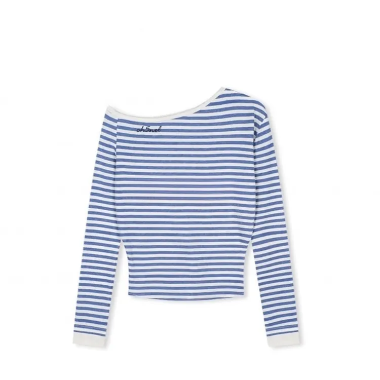 2025秋冬季新款搭斜肩字母条纹长袖T恤上衣条纹显瘦打底衫女H6-21