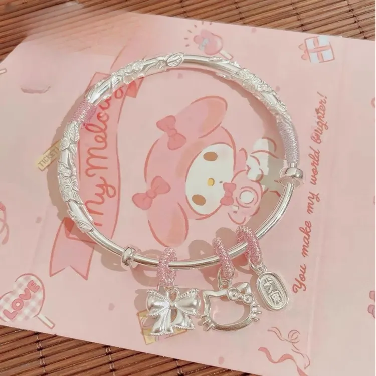 老凰祥款纯银繁花镯子Kitty吊坠编绳新款送女友生日礼物  
