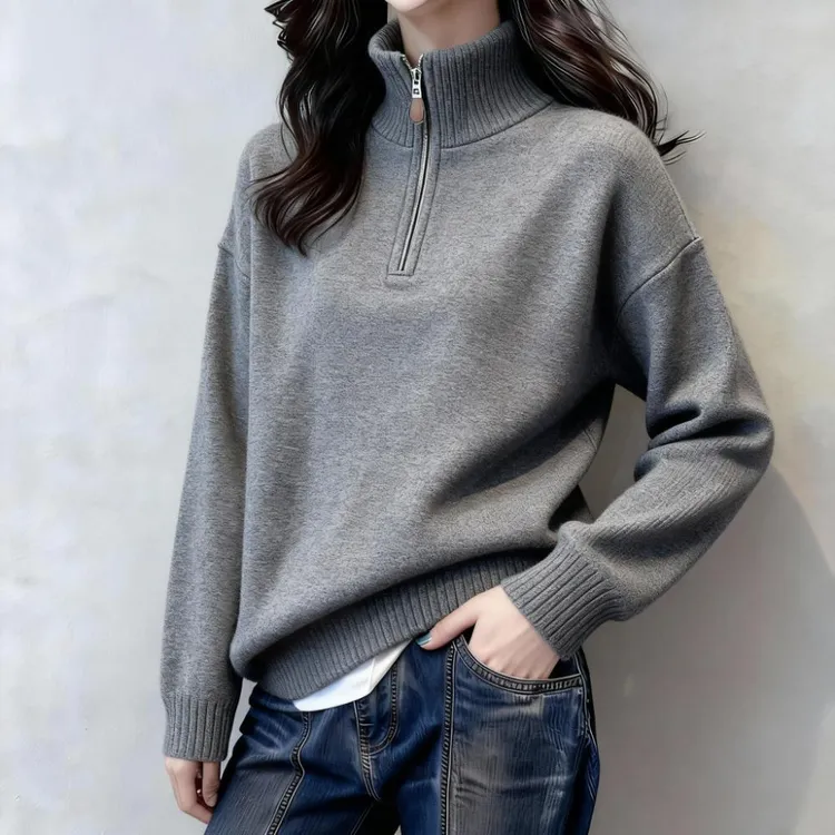 灰色半拉链长袖针织衫女2025秋冬新款简约百搭高级感内搭毛衣上衣