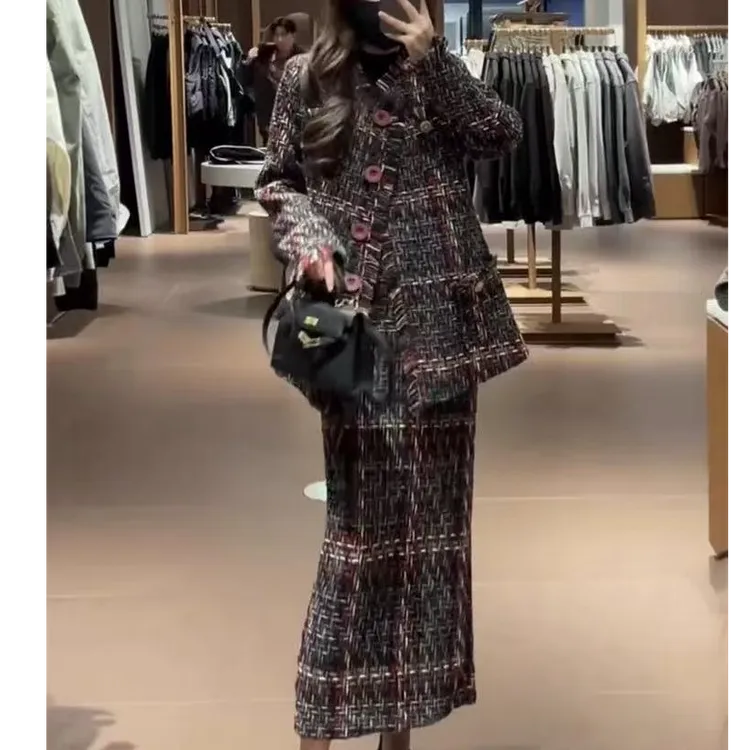 大码高级感欧货复古气质粗纺杂色外套+半身裙时尚小香风两件套