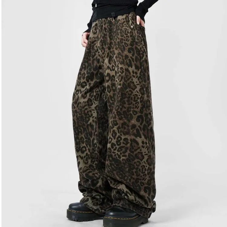 高腰印花秋季女牛仔裤豹纹裤子宽松百搭阔腿直筒休闲裤517牛仔裤