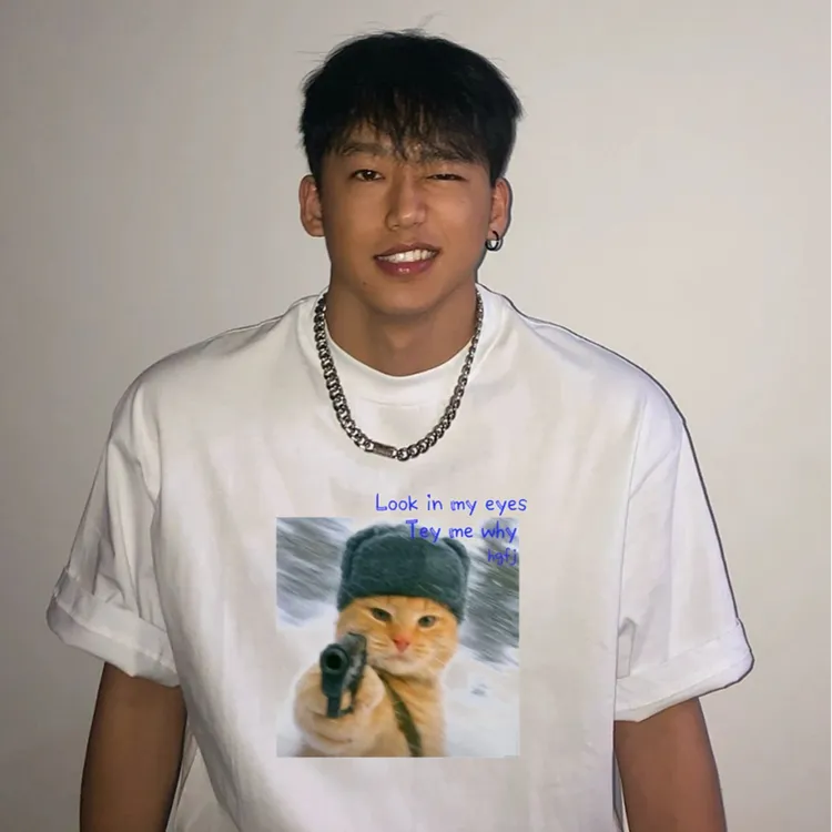 美式轻奢痞帅男装高级感纯棉短袖男士t恤宽松百搭圆领猫咪系列