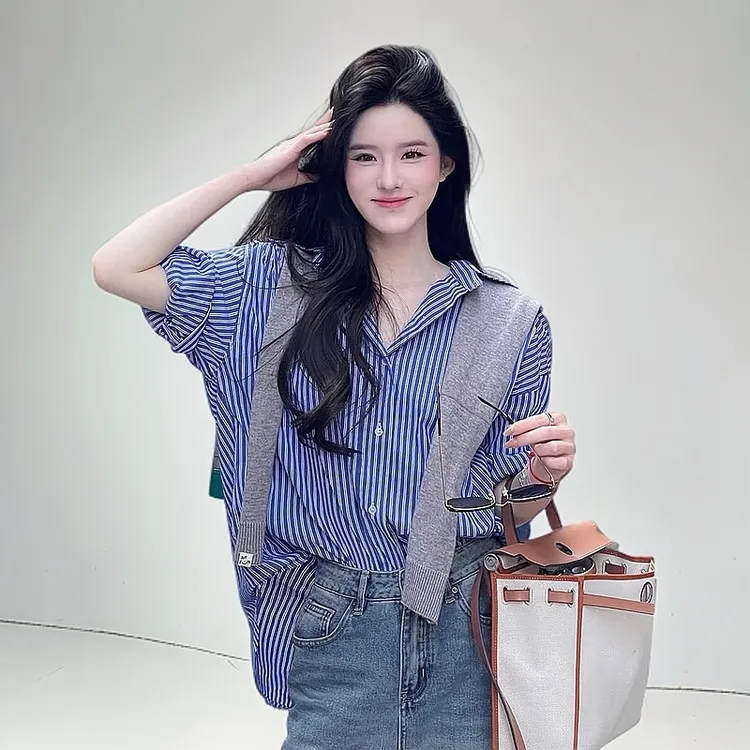 蓝色条纹衬衫上衣2025年春季新款高级感轻奢洋气衬衣防晒小衫女装