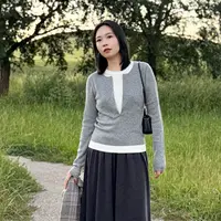 深V纸片人|优雅老钱显瘦舒适螺纹假两件套头