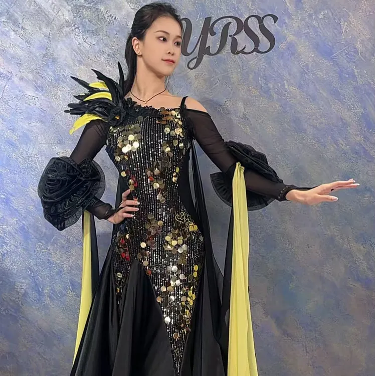 YRSS舞服♥新款黑金系列亮片高档修身摩登表演舞裙