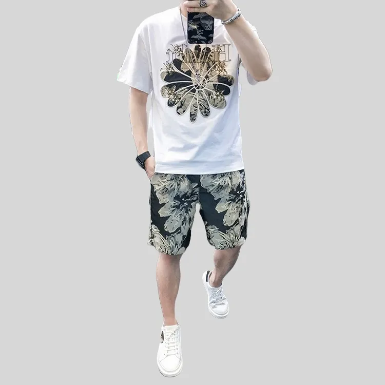 高端短袖休闲套装男士2025夏季新款 百搭舒适潮刺绣短裤两件套t恤
