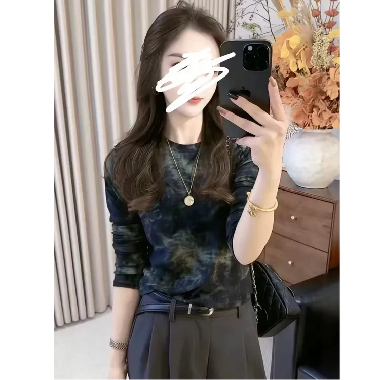 秋冬季小个子常规百搭休闲风扎染染色长袖T小众气质打底衫9129