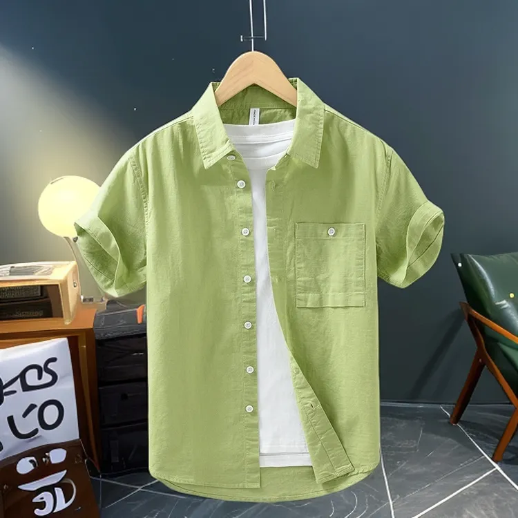 1249清新棉麻衬衫男天然汉麻透气男生纯色薄款方领休闲短袖衬衣夏