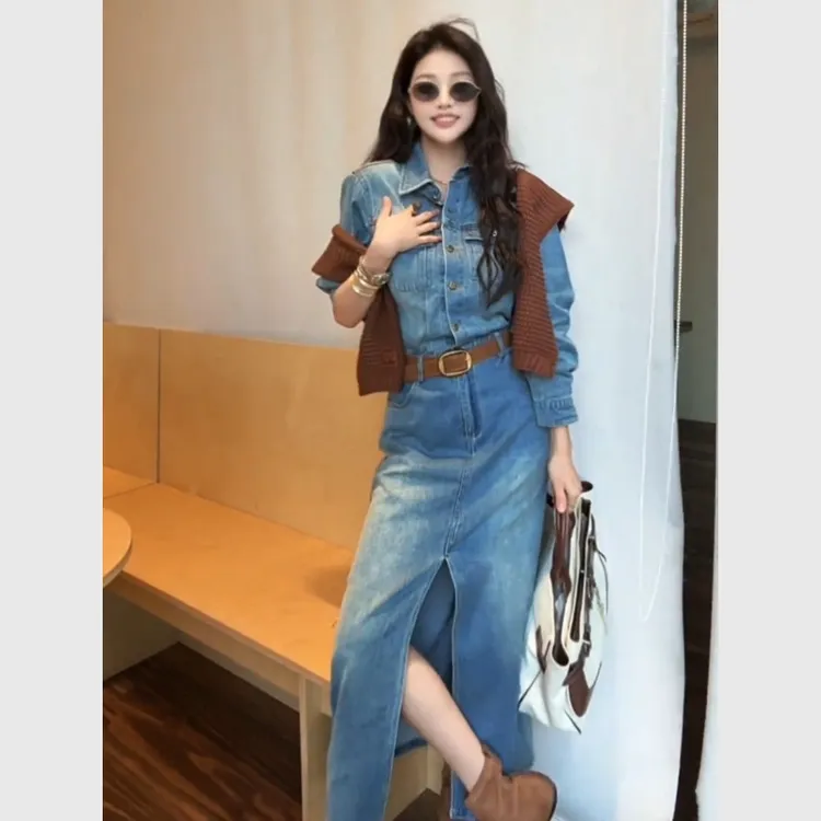 大方得体绝美裙子气质高级感韩系独特时尚洋气蓝色牛仔衬衫连衣裙