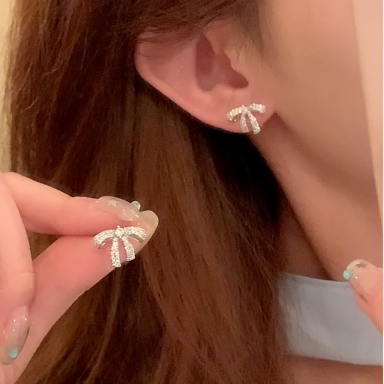 芒果饰品 铜合金锆石耳饰 夏日韩系闪锆蝴蝶结耳钉女气质耳针耳饰