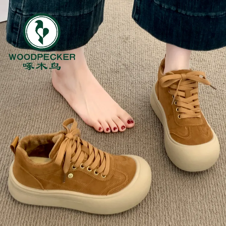 啄木鸟厚底高帮德训鞋女鞋子2025新款爆款冬季加绒板鞋运动二棉鞋