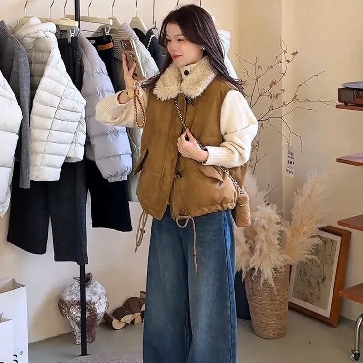 2025冬季新款麂皮绒羽绒短款坎肩马甲外套女高级感小个子背心马夹