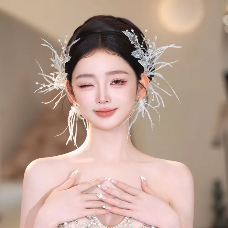 铜合金树脂婚庆饰品 喜看优选01010新娘头饰白色羽毛百搭边夹套装