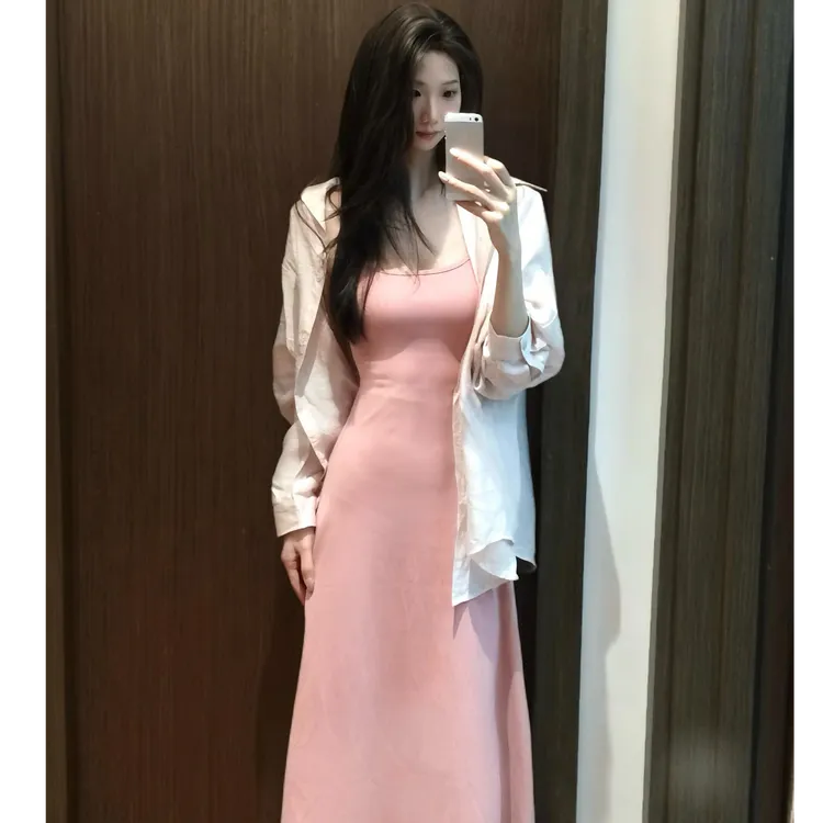 法式高级感吊带连衣裙子女夏季2025新款收腰显瘦宽松衬衫套装长裙