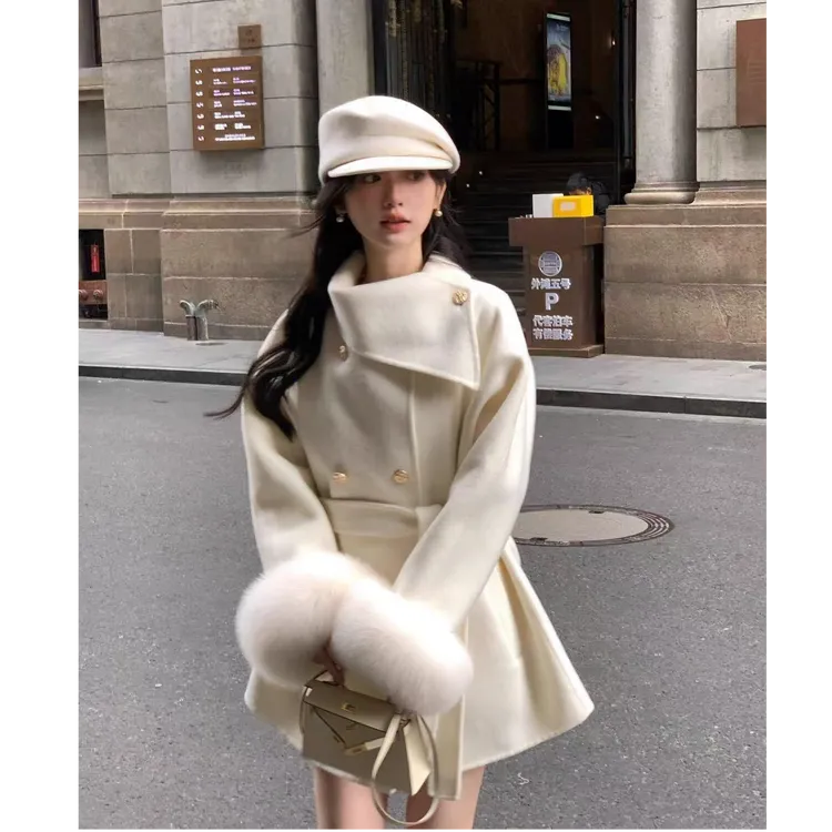 白色可拆卸大袖毛短款双面毛呢外套女收腰显瘦系带冬季呢子大衣