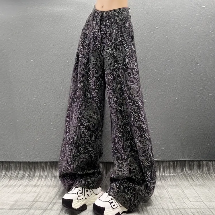 2025年流行网红女裤美式复古休闲提花花纹弯刀牛仔裤直筒香蕉裤女