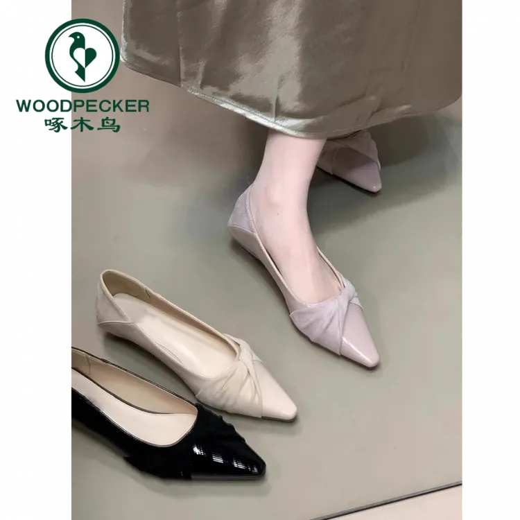 啄木鸟法式浅口单鞋女2025年新款夏季设计感温柔拼接百搭通勤瓢鞋