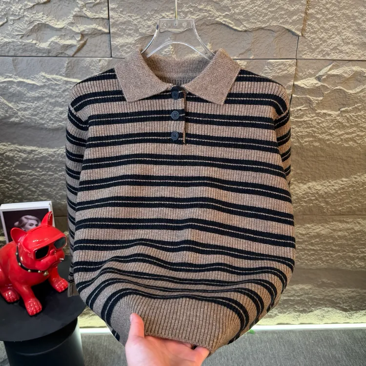 高档新款翻领条纹加厚毛衣男士冬季时尚Polo领针织衫男装上衣613