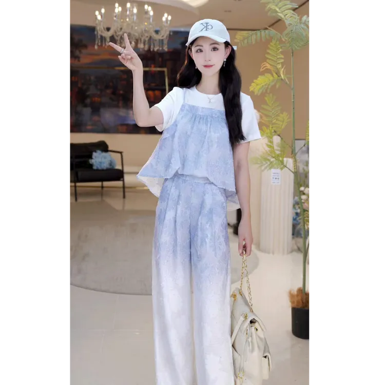 【北栀】休闲渐变印花假两件长裤套装814659+814660