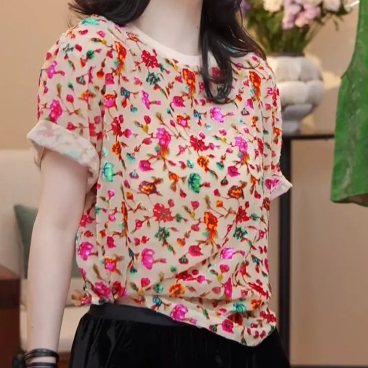 圆领碎花显白显瘦减龄短袖T恤2025夏季新款时尚百搭休闲宽松上衣