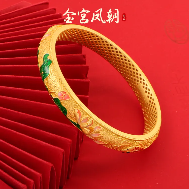 足银珐琅手镯 金宫凤朝 步步生莲手镯女士时尚古风国风珐琅彩高工