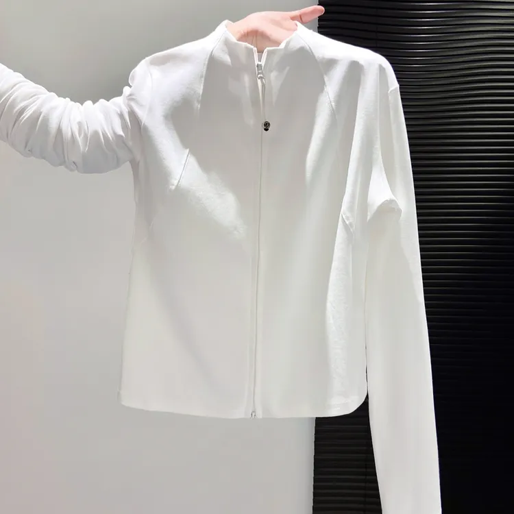 双拉链立领长袖t恤女开衫外套2025秋季新款修身显瘦短款打底上衣