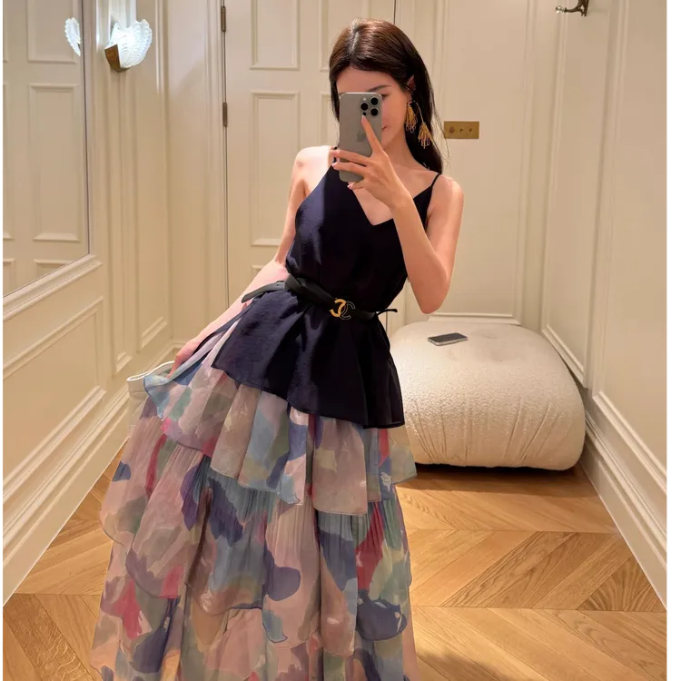 小个子绝美显瘦仙气飘飘a字蛋糕长裙半身裙梨型身材遮胯2025套装