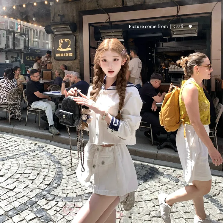【青空航线】miu系海军风秋季新款牛仔外套女配显瘦半身短裙两件套