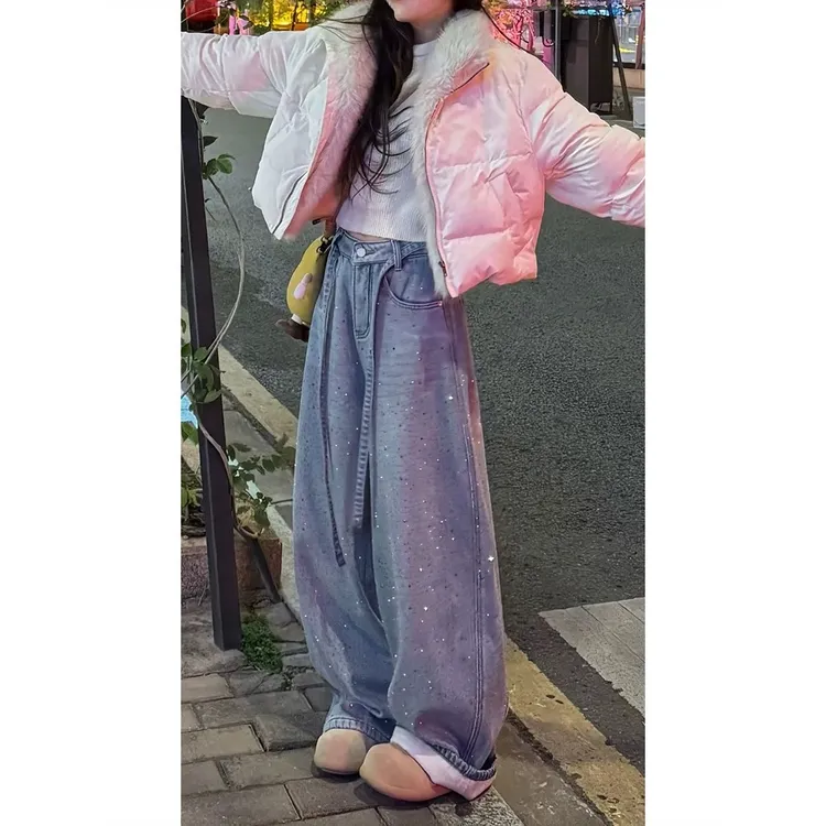 设计感抽绳镶钻牛仔裤女2025冬季新款加绒加厚闪钻阔腿裤拖地裤子