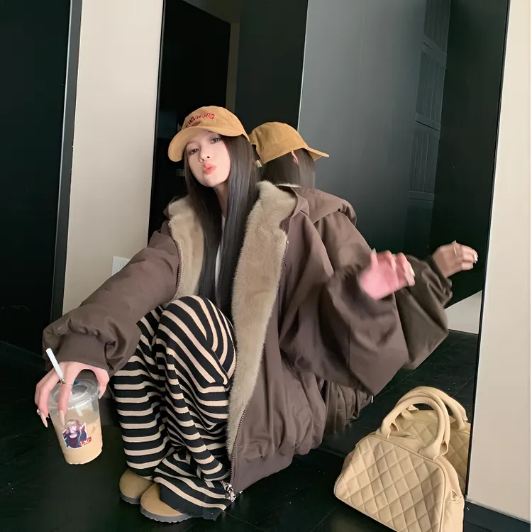 双面穿棉服女2025年冬季新款座山雕慵懒感韩系宽松oversize潮外套