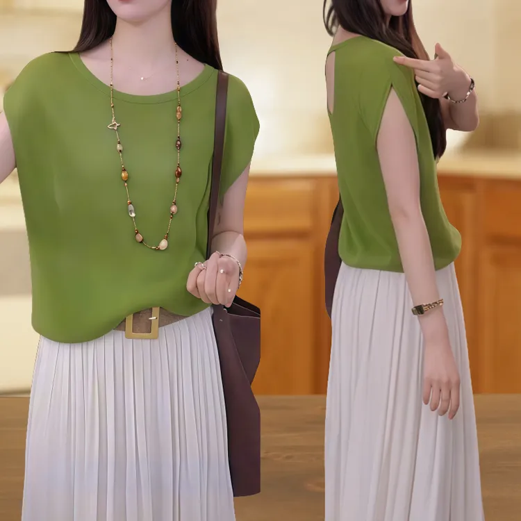 贝贝 牛油果绿露背短袖针织衫女款爆款2025新款小个子洋气上衣