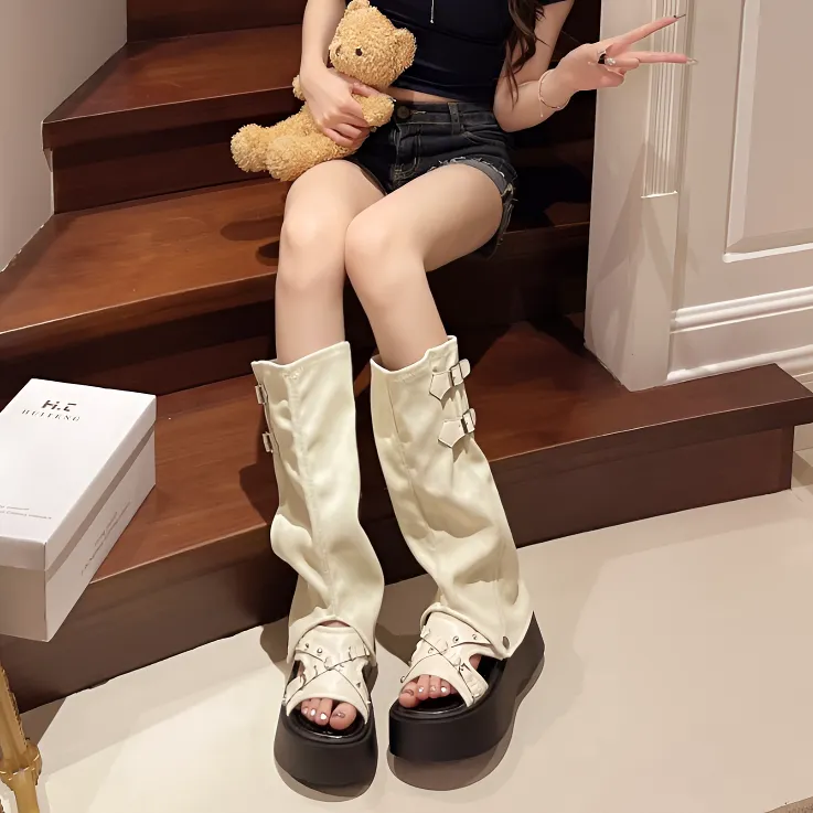 美拉德厚底裤管堆堆靴2025年夏季新款罗马凉鞋女时尚长筒两穿凉靴