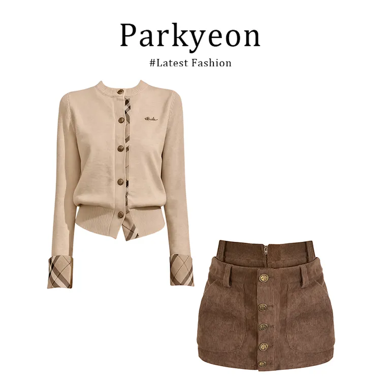 MARIE.COCO格纹撞色圆领针织开衫女2025秋冬包臀半身裙显瘦套装