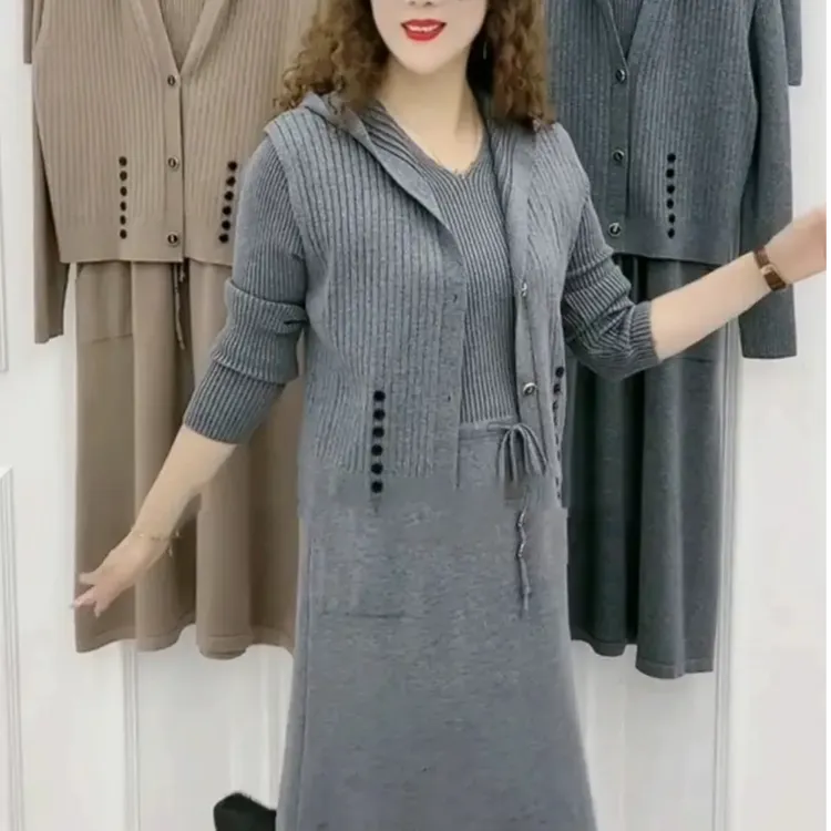 时尚中年女士厚款连衣裙两件套2025年冬季上新V领纯色显瘦连衣裙