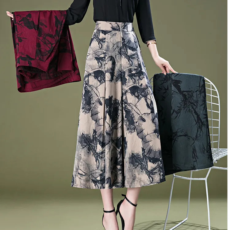 妈妈裙裤夏季50-60岁冰丝阔腿裤春夏大摆高腰印花八分裤七分裤女