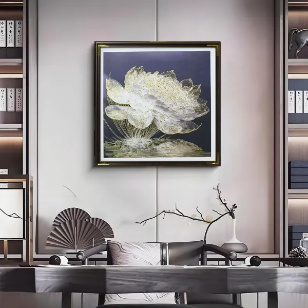 【专属商定】皮革鎏金现代卧室玄关装饰画入户餐厅客厅挂画莲花6060