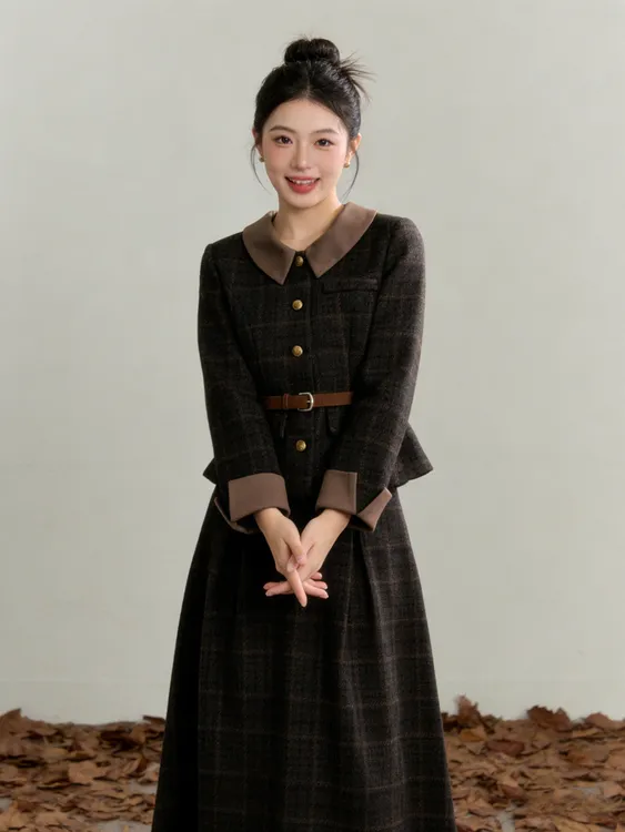 秋冬新款韩系厚款保暖呢子套装女复古学院风格纹显瘦A字半身裙