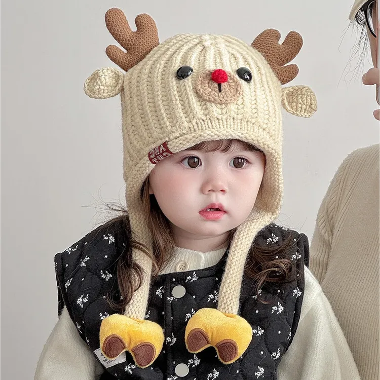 宝宝帽子冬季可爱小鹿加绒护耳帽男女童针织帽秋冬加厚保暖毛线帽