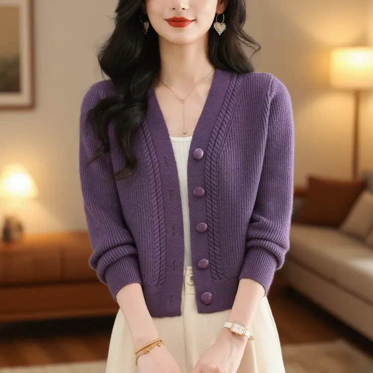 纯100羊毛、衫女开衫秋冬新款V领小个子宽松外套短款针织毛衣外搭