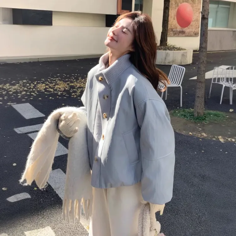 韩系立领棉服厚款针织拼接蓝色服女冬季2025短款小个子立领多巴胺