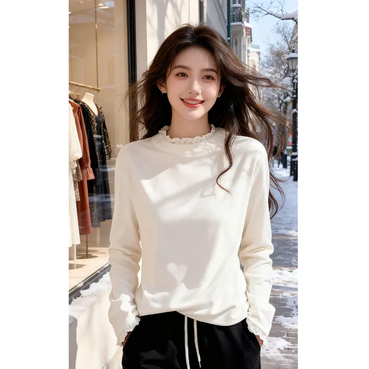 双面澳绒蕾丝边打底衫女秋冬加厚法式半高领显瘦内搭长袖T恤上衣