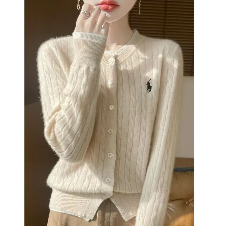 100%羊毛衫刺绣女假两件时尚百搭秋冬针织开衫毛衣长袖宽松