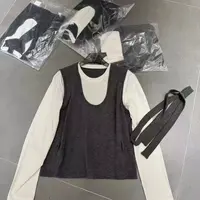 秋季新款欧货圆领撞色拼接腰带长袖T恤背心两件套➕裤子套装6357